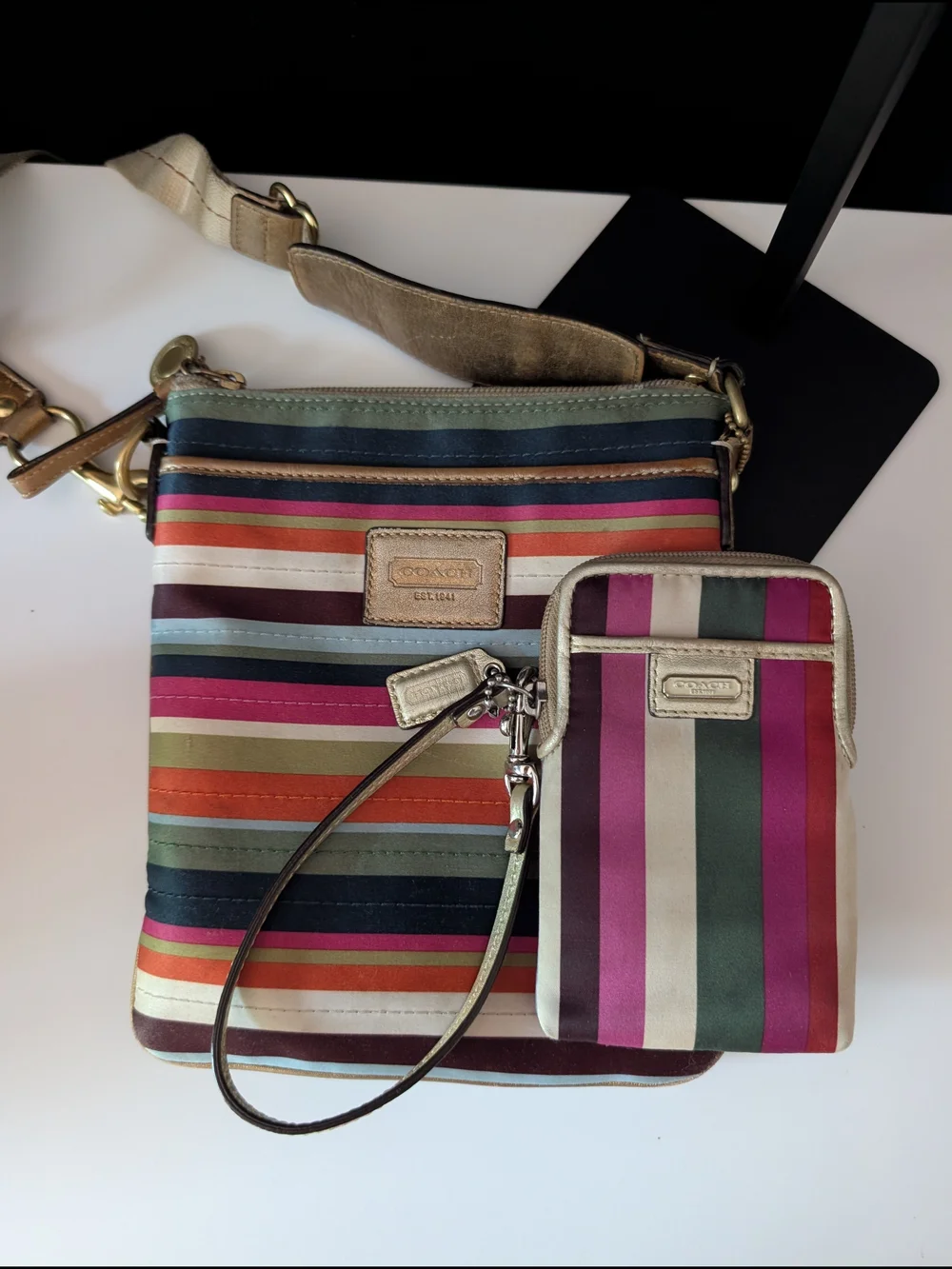 Coach Legacy Stripe Swingpack Crossbody Bag and Matching Striped Wristlet